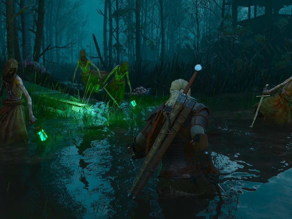 Geralt facing swamp witches surrounded by green light in an official Remastered screenshot
