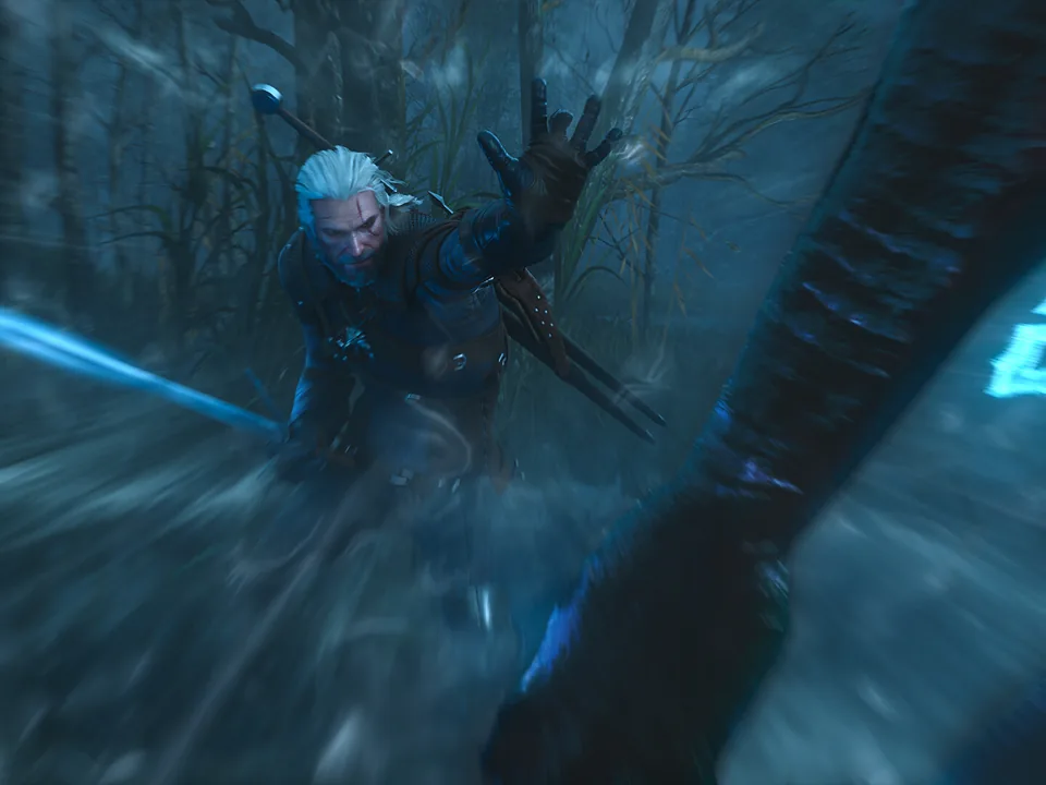 Geralt fighting a spectral creature in an official Remastered screenshot