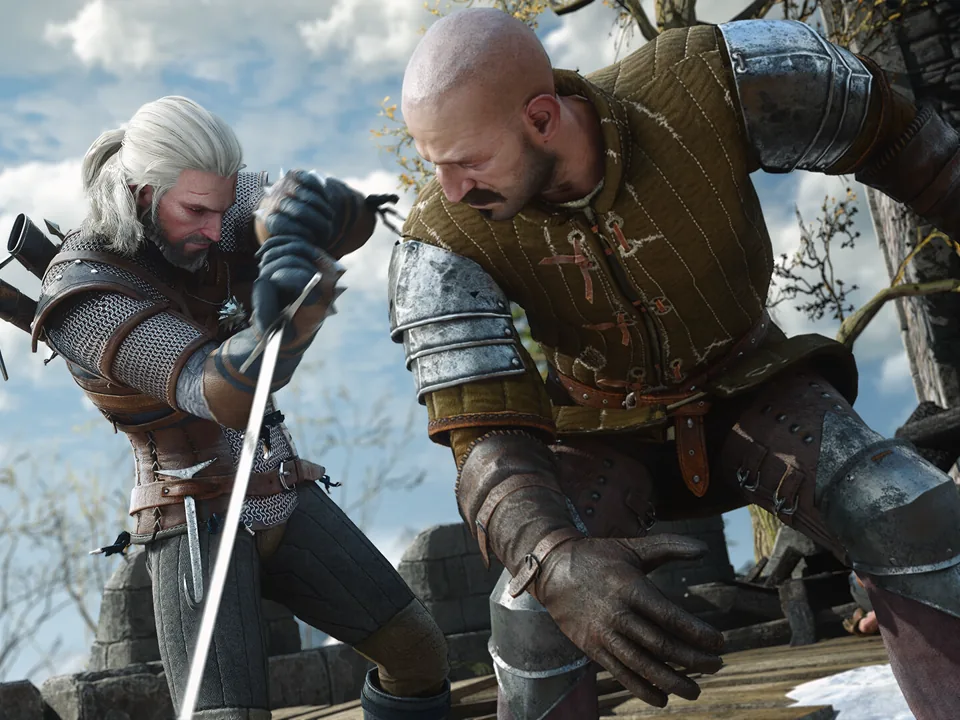 Geralt in light armor during sword combat in an official Remastered screenshot