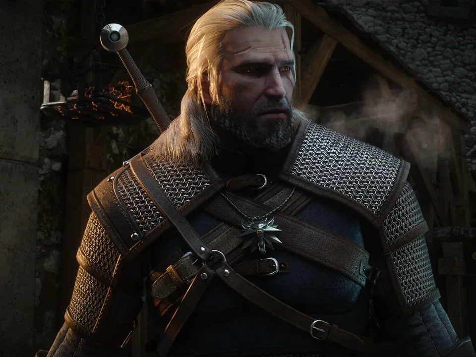 Geralt wearing layered armor in an official Remastered screenshot