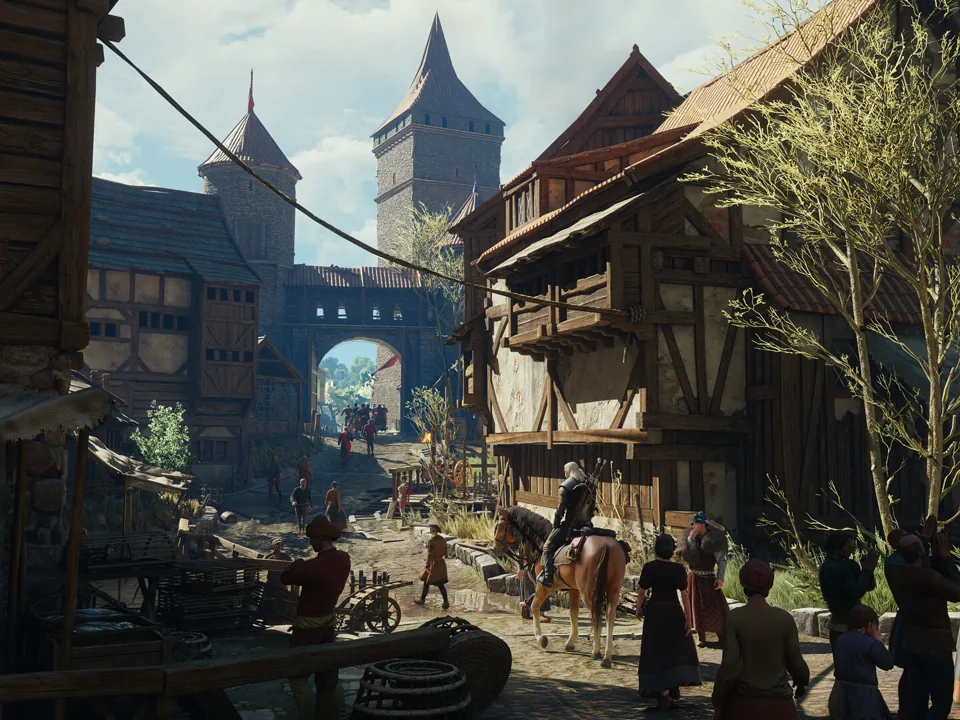 A city square and equipped traveler in an official Remastered screenshot