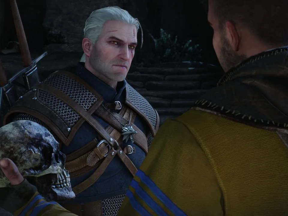 Geralt in heavy traveling armor in an official Remastered screenshot