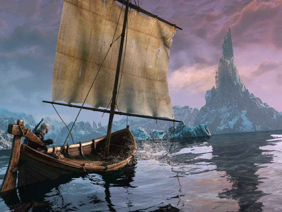 A small boat near a rocky island in an official Remastered screenshot