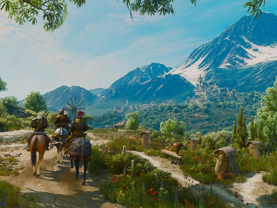 Geralt riding across green fields in an official Remastered screenshot